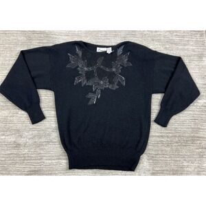 Donagain Sweater Womens M Black Vintage Floral Lace Beaded‎ Applique Long Sleeve
